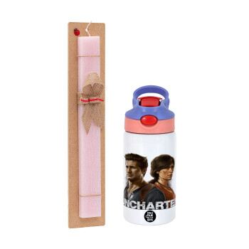 Uncharted, Easter Set, Children's thermal stainless steel water bottle with safety straw, pink/purple (350ml) & Easter scented flat candle (30cm) (PINK)