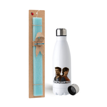 Uncharted, Easter Set, metallic stainless steel water bottle (750ml) & aromatic flat Easter candle (30cm) (TURQUOISE)