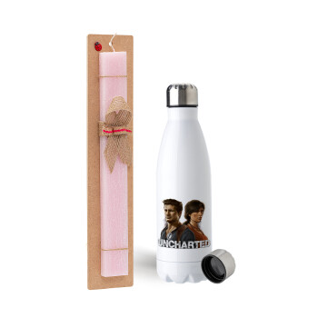 Uncharted, Easter Set, metallic stainless steel water bottle (750ml) & scented flat Easter candle (30cm) (PINK)