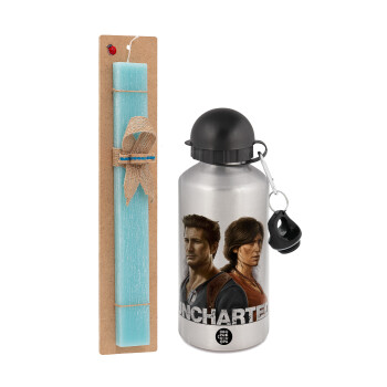 Uncharted, Easter Set, metallic silver aluminum water bottle (500ml) & scented flat Easter candle (30cm) (TURQUOISE)