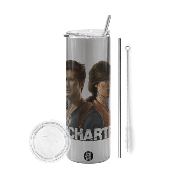 Uncharted, Eco friendly stainless steel Silver tumbler 600ml, with metal straw & cleaning brush