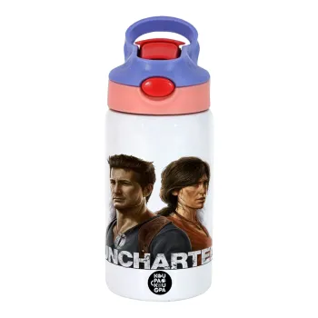 Uncharted, Παιδικό παγούρι θερμό, ανοξείδωτο, με καλαμάκι ασφαλείας, ροζ/μωβ (350ml)