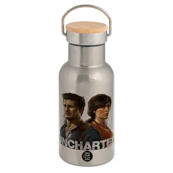 Uncharted, Μεταλλικό παγούρι θερμός (Stainless steel) Ασημένιο με ξύλινο καπακι (bamboo), διπλού τοιχώματος, 350ml