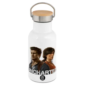 Uncharted, Μεταλλικό παγούρι θερμός (Stainless steel) Λευκό με ξύλινο καπακι (bamboo), διπλού τοιχώματος, 350ml
