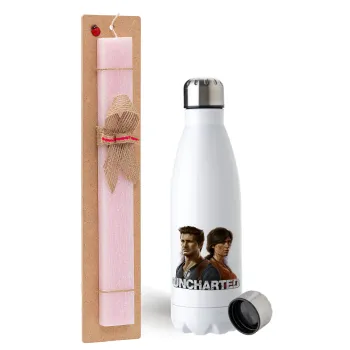 Uncharted, Easter Set, metallic stainless steel water bottle (750ml) & scented flat Easter candle (30cm) (PINK)