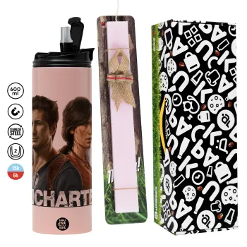 Uncharted, Easter candle,Travel Tumbler 2 Lids, with metal straw & cleaning brush & aromatic flat candle (30cm) (PINK)