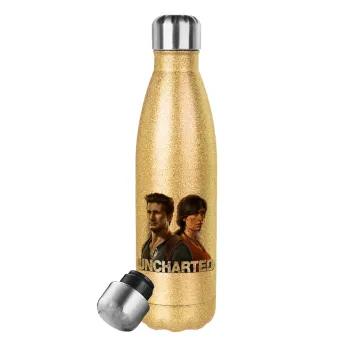 Uncharted, Glitter gold stainless steel thermos bottle, double-walled, 500ml