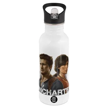 Uncharted, White water bottle with straw, stainless steel 600ml