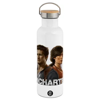Uncharted, Μεταλλικό παγούρι θερμός (Stainless steel) Λευκό με ξύλινο καπάκι (bamboo), διπλού τοιχώματος, 750ml