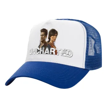 Uncharted, Adult Structured Trucker Hat, with Mesh, WHITE/BLUE (100% COTTON, ADULT, UNISEX, ONE SIZE)