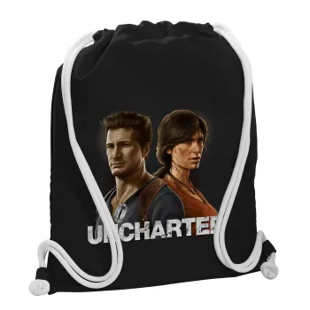 Uncharted, Τσάντα πλάτης πουγκί GYMBAG Μαύρη, με τσέπη (40x48cm) & χονδρά λευκά κορδόνια