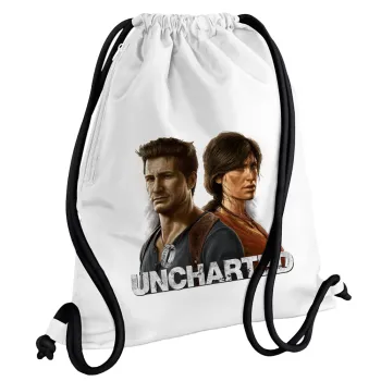 Uncharted, Τσάντα πλάτης πουγκί GYMBAG λευκή, με τσέπη (40x48cm) & χονδρά κορδόνια