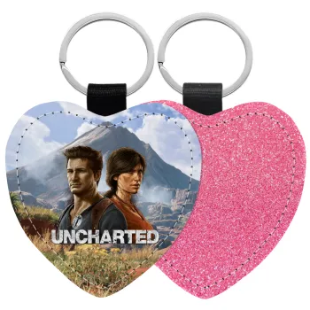 Uncharted, Μπρελόκ PU δερμάτινο glitter καρδιά ΡΟΖ