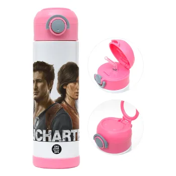 Uncharted, Παιδικό παγούρι θερμό, ανοξείδωτο, με καλαμάκι ασφαλείας, ΡΟΖ (500ml)