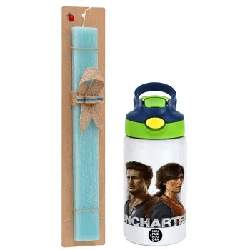 Uncharted, Easter Set, Children's thermal stainless steel bottle with safety straw, green/blue (350ml) & aromatic flat Easter candle (30cm) (TURQUOISE)