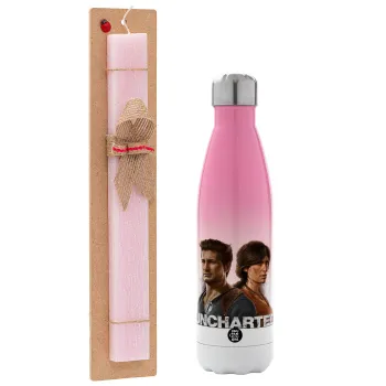 Uncharted, Easter Set, Metallic pink/white (Stainless steel) thermos, double-walled, 500ml & aromatic flat Easter candle (30cm) (PINK)