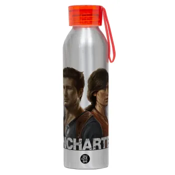 Uncharted, Αλουμινένιο Αθλητικό Μπουκάλι 650ml – Ασημί με Κόκκινο Καπάκι και Λουράκι Σιλικόνης