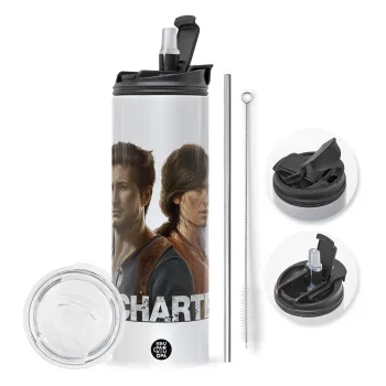 Uncharted, Travel Tumbler θερμό με διπλό καπάκι, μεταλλικό καλαμάκι και βούρτσα καθαρισμού (Ανωξείδωτο 304 Food grade, BPA free, 600ml)