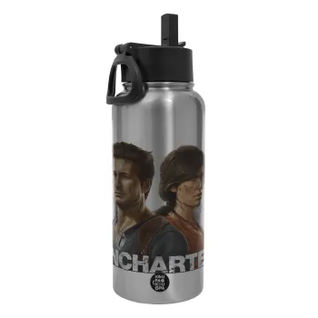Uncharted, Metal mug thermo Silver with Straw and Spout Lid (Stainless steel), double wall, 950ml