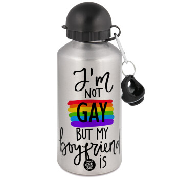 i'a not gay, but my boyfriend is., Metallic water jug, Silver, aluminum 500ml