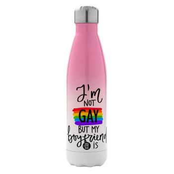 i'a not gay, but my boyfriend is., Metal mug thermos Pink/White (Stainless steel), double wall, 500ml