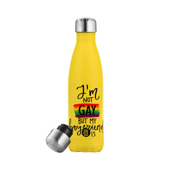 i'a not gay, but my boyfriend is., Μεταλλικό παγούρι θερμός Κίτρινος (Stainless steel), διπλού τοιχώματος, 500ml