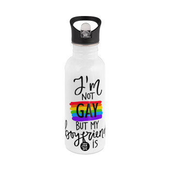 i'a not gay, but my boyfriend is., White water bottle with straw, stainless steel 600ml