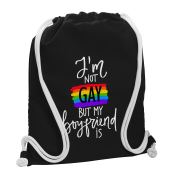 i'a not gay, but my boyfriend is., Τσάντα πλάτης πουγκί GYMBAG Μαύρη, με τσέπη (40x48cm) & χονδρά λευκά κορδόνια
