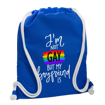 i'a not gay, but my boyfriend is., Τσάντα πλάτης πουγκί GYMBAG Μπλε, με τσέπη (40x48cm) & χονδρά κορδόνια
