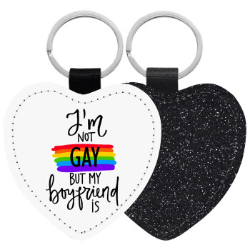 i'a not gay, but my boyfriend is., Μπρελόκ PU δερμάτινο glitter καρδιά ΜΑΥΡΟ