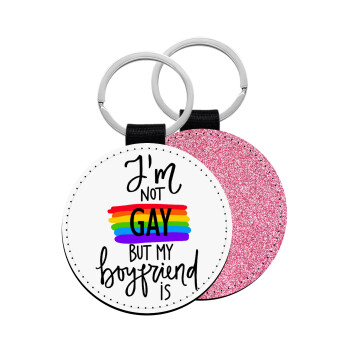 i'a not gay, but my boyfriend is., Μπρελόκ Δερματίνη, στρογγυλό ΡΟΖ (5cm)
