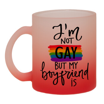 i'a not gay, but my boyfriend is., Κούπα γυάλινη δίχρωμη με βάση το κόκκινο ματ, 330ml