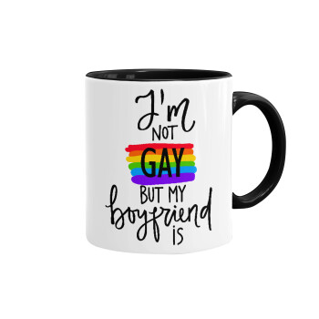 i'a not gay, but my boyfriend is., Κούπα χρωματιστή μαύρη, κεραμική, 330ml