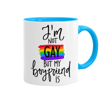 i'a not gay, but my boyfriend is., Mug colored light blue, ceramic, 330ml