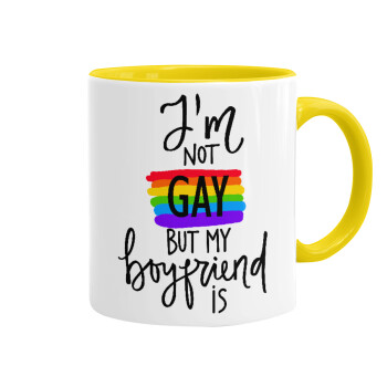 i'a not gay, but my boyfriend is., Κούπα χρωματιστή κίτρινη, κεραμική, 330ml