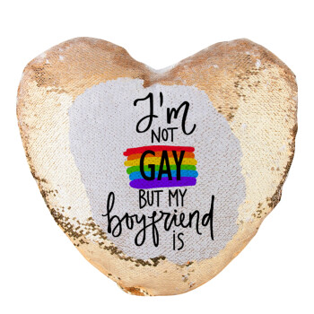 i'a not gay, but my boyfriend is., Μαξιλάρι καναπέ καρδιά Μαγικό Χρυσό με πούλιες 40x40cm περιέχεται το  γέμισμα