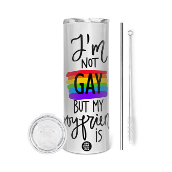 i'a not gay, but my boyfriend is., Eco friendly stainless steel tumbler 600ml, with metal straw & cleaning brush
