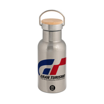 gran turismo, Stainless steel metallic thermos flask, silver with a bamboo lid, double-walled, 350ml.