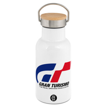 gran turismo, Μεταλλικό παγούρι θερμός (Stainless steel) Λευκό με ξύλινο καπακι (bamboo), διπλού τοιχώματος, 350ml