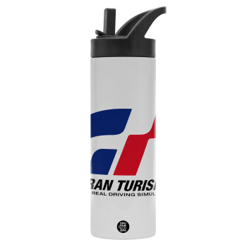 gran turismo, Metallic thermos bottle with straw & handle, stainless steel (Stainless steel 304), double-walled, 600ml.