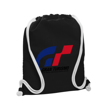 gran turismo, Backpack pouch GYMBAG Black, with pocket (40x48cm) & thick white cords