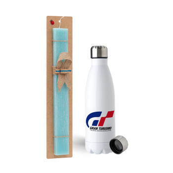 gran turismo, Easter Set, metallic stainless steel water bottle (750ml) & aromatic flat Easter candle (30cm) (TURQUOISE)