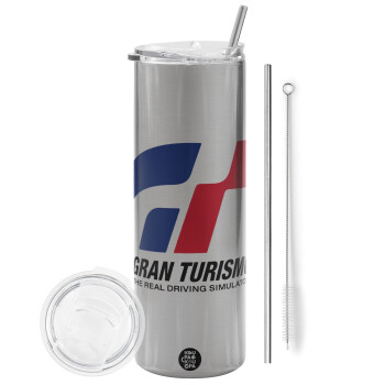 gran turismo, Eco friendly stainless steel Silver tumbler 600ml, with metal straw & cleaning brush