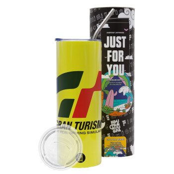 gran turismo, Neon Yellow Travel Tumbler θερμό, μεταλλικό καλαμάκι(Ανωξείδωτο 304 Food grade, BPA free, 600ml)