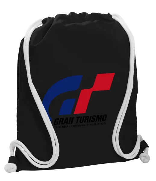 gran turismo — Backpack pouch GYMBAG Black, with pocket (40x48cm) & thick white cords