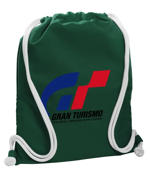 gran turismo — Backpack pouch GYMBAG BOTTLE GREEN, with pocket (40x48cm) & thick white cords