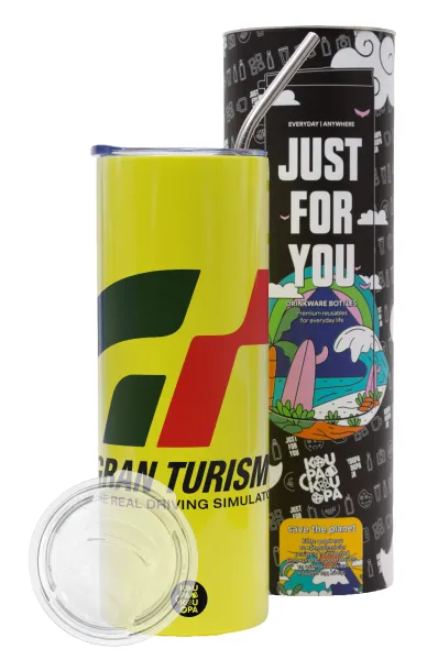 gran turismo — Neon Yellow Travel Tumbler, with metal straw (Stainless steel 304 Food grade, BPA free, 600ml)