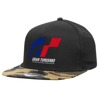gran turismo, Adult Flat Snapback Hat Black/Camouflage, (100% COTTON TWILL, ADULT, UNISEX, ONE SIZE)