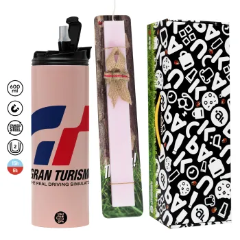 gran turismo, Easter candle,Travel Tumbler 2 Lids, with metal straw & cleaning brush & aromatic flat candle (30cm) (PINK)
