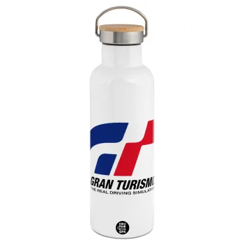gran turismo, Μεταλλικό παγούρι θερμός (Stainless steel) Λευκό με ξύλινο καπάκι (bamboo), διπλού τοιχώματος, 750ml